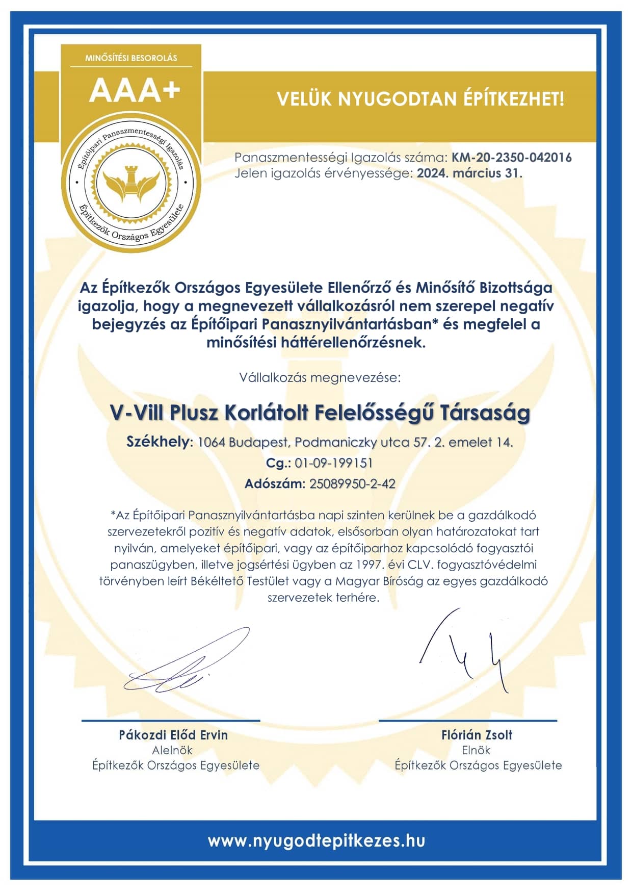 V-Vill Plusz Kft. Certification 2021